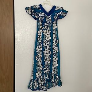 Blue Floral Maxi Dress with Ruffle Trim